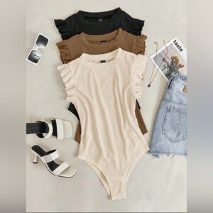 Ruffled Sleeve Ribbed Knit Round Neck Bodysuit Trio - Black, Cream & Brown